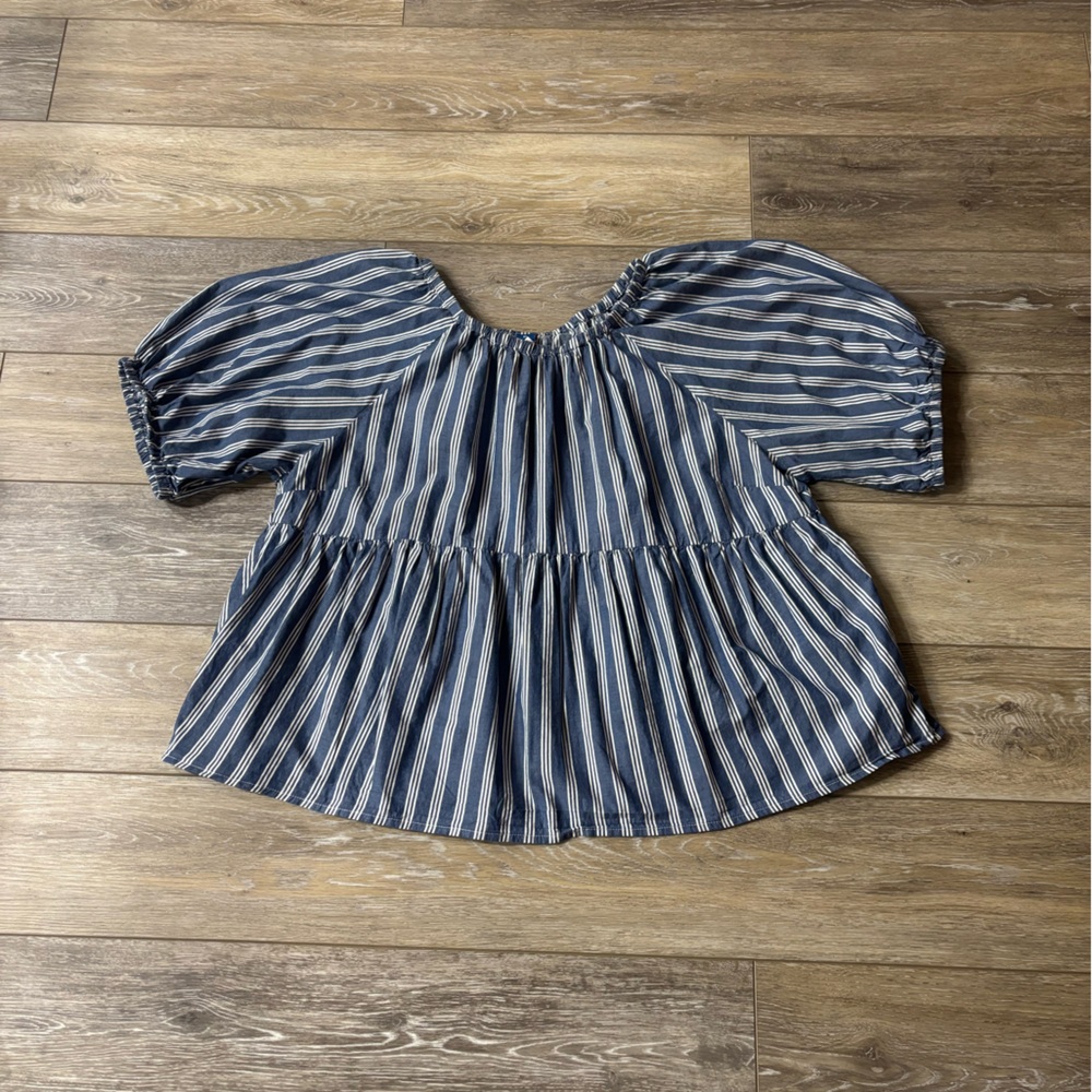 Old Navy Top Sz XL Puff Sleeve Striped Blouse Crop Peasant Cottagecore Coastal
